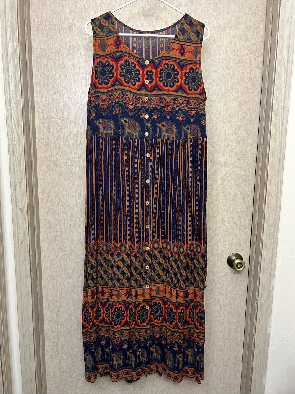Vintage Indian Elephant Print Button Dress - Size L